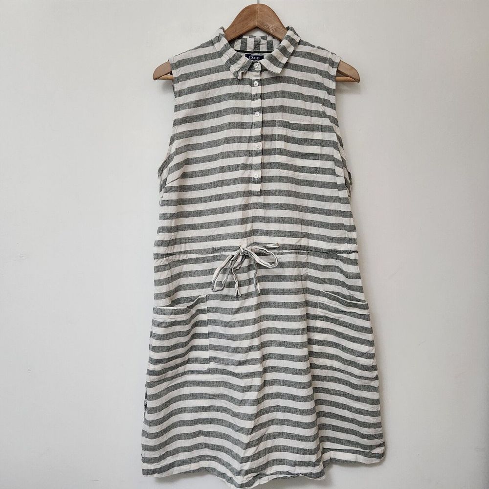 IZOD Women's White/Gray Casual Short Sleeveless Striped Dress Size XL